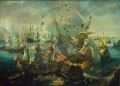 Cornelis van Wieringen attrib Het ploffen van het Spaanse admiraalschip tijdens de zeeslag bij Gibraltar